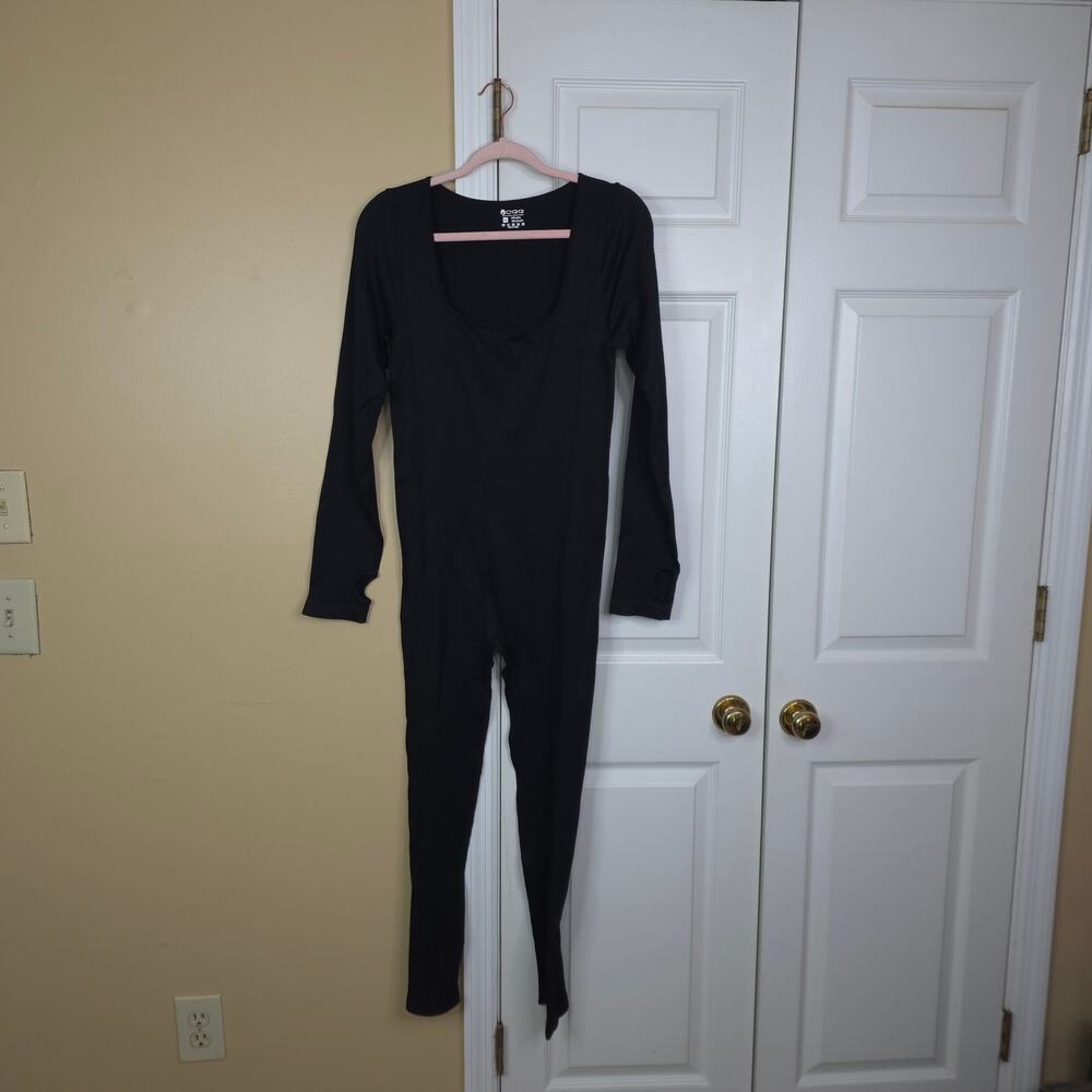 OQQ Women's Long Sleeve Ribbed Yoga Jumpsuit in Black Size XXL